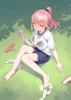 1girl bandaid bandaid_on_face bandaid_on_nose bare_legs barefoot black_bra blue_shorts bra bra_visible_through_clothes breasts closed_eyes electric_fan fanning_self gauze gauze_on_cheek grass gym_shirt gym_uniform hair_tie hand_fan highres holding holding_fan knees_up large_breasts michinoku_komaro on_ground outdoors pink_hair ponytail rikuhito_juusan seitokai_ni_mo_ana_wa_aru! shirt shoes shorts sitting socks soles solo spread_toes sweat sweaty_clothes toes underwear unworn_shoes unworn_socks wet wet_clothes wet_shirt wind