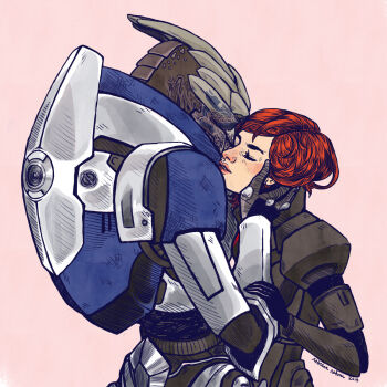 1boy 1girl alien beccablyebonnet caressing_cheek commander_shepard commander_shepard_(female) couple cradling_head garrus_vakarian highres hug mass_effect_(series) tumblr