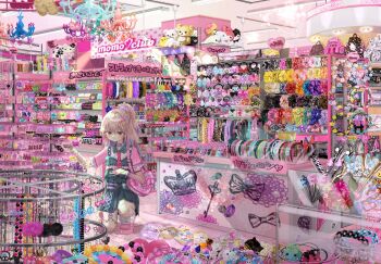 1girl absurdly_detailed_composition afro_ken bag bead_bracelet beads best_friend_bear birthday_bear bracelet cameo care_bears character_doll character_request charm_(object) cheer_bear cinnamoroll commentary_request copyright_request denim denim_skirt doll earrings fuwa_fuwa_cinnamoroll grumpy_bear hair_ornament handbag heart heisei heisei_retro hello_kitty hello_kitty_(character) highres indoors jewelry kiiroitori korilakkuma kuromi loaded_interior long_hair love-a-lot_bear mamegoma_(san-x) merchandise my_melody necktie onegai_my_melody original overall_skirt pink_hair pink_shirt ponytail rilakkuma san-x sanrio shinanashina shirogoma shirt shoes shop short_sleeves skirt solo squatting stationery stuffed_toy sweet_dreams_bear tarepanda translation_request unworn_jewelry wish_bear