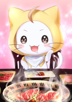 absurdres ahoge animal animal_focus bib bishie_sparkle blush_stickers brown_eyes cat chair cloak clothed_animal commentary_request drooling ear_covers excited food grill hand_on_own_cheek hand_on_own_face highres holding holding_tongs hood hood_up hooded_cloak light_particles looking_at_food meat momo_(nikki) nikki_(series) no_humans on_chair open_mouth outline pink_background plate shining_nikki sitting smile smoke solid_oval_eyes solo sotogawa_yuko sparkling_eyes table tongs whiskers white_cat white_outline yellow_cloak