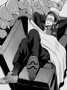 Rule 34 | 1boy, absurdres, arms behind head, blanket, closed eyes, collared shirt, corbeau (pokemon), couch, crossed legs, eyewear strap, gen 5 pokemon, glasses, greyscale, highres, jacket, long sleeves, lying, male focus, monochrome, necktie, nekokawai1ii7, nintendo, on back, open mouth, pants, pokemon, pokemon (creature), pokemon legends: z-a, round eyewear, scolipede, shirt, shoes, simple background, socks