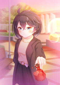 Rule 34 | 1girl, absurdres, ahoge, belt, bench, black skirt, blue eyes, blue hair, blurry, blurry background, blush, brown coat, closed mouth, coat, crossed bangs, gift, gold buckle, hair between eyes, highres, hino kaede, holding, holding gift, incoming gift, open clothes, open coat, outdoors, pleated skirt, princess connect!, sheffy (princess connect!), sheffy (real) (princess connect!), short hair, skirt, solo, sweater, valentine, white belt, yellow sweater