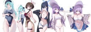 4girls absurdres arius_squad_(blue_archive) ass atsuko_(blue_archive) atsuko_(swimsuit)_(blue_archive) bikini black_bikini black_coat black_hair black_hat black_one-piece_swimsuit blue_archive blue_eyes blue_hair blush breasts brown_eyes brown_jacket cleavage closed_mouth clothes_around_waist coat collarbone crying crying_with_eyes_open eyewear_on_head frilled_bikini frills gluteal_fold green_eyes green_hair green_halo groin hair_over_one_eye halo hat highleg highleg_swimsuit highres hiyori_(blue_archive) jacket jacket_around_waist jewelry large_breasts long_hair looking_at_viewer misaki_(blue_archive) mooruck4 multicolored_hair multiple_girls multiple_views navel newsboy_cap official_alternate_costume one-piece_swimsuit open_clothes open_coat open_mouth pendant ponytail purple_hair purple_halo red_bikini red_halo saori_(blue_archive) school_swimsuit see-through_clothes see-through_jacket see-through_shirt see-through_sleeves shirt short_hair short_shorts short_sleeves shorts side_ponytail simple_background sun_hat sunglasses swimsuit swimsuit_under_clothes tears thigh_strap white_background white_bikini white_hat white_shirt white_shorts zoom_layer