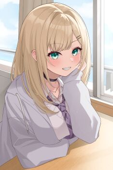 Rule 34 | 1girl, absurdres, black choker, blonde hair, blush, breasts, choker, commentary request, desk, green eyes, highres, indoors, jacket, kurumi noah, large breasts, long hair, long sleeves, looking at viewer, necktie, purple jacket, purple necktie, purple vest, school desk, school uniform, shirt, smile, solo, upper body, vest, virtual youtuber, vspo!, white shirt, window, yoppy paint
