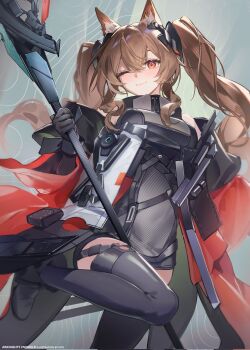 Rule 34 | 1girl, angelina (arknights), animal ear fluff, animal ears, arknights, arknights: endfield, artist name, black boots, black gloves, black thighhighs, blue background, boots, breasts, brown hair, coat, commentary, copyright name, dot nose, dress, elevation contour lines, fold-over boots, fox ears, fox girl, gilberta (arknights), gloves, grey dress, hair between eyes, headpiece, high collar, highres, holding, holding staff, impossible clothes, impossible dress, kitk qun, leg up, light blush, long hair, long sleeves, looking at viewer, medium breasts, off shoulder, one eye closed, orange eyes, red coat, short dress, sleeveless, sleeveless dress, smile, solo, staff, thighhighs, twintails, zettai ryouiki