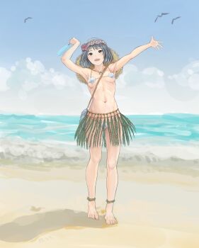 1girl absurdres armpits arms_up barefoot bikini black_hair blue_sky bob_cut breasts commentary commentary_request day english_commentary full_body grass_skirt head_wreath highres holding holding_polearm holding_weapon horizon medium_breasts mixed-language_commentary navel ocean open_mouth original outdoors polearm ribs shadow shell shell_bikini shiina_mashiro_(xxxa2348) short_hair simple_bird sky smile solo standing stomach swimsuit toes variant_set weapon