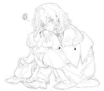 1girl alucard_pie ange_katrina ange_katrina_(1st_costume) ankle_boots boots coat commentary crossed_bangs from_side full_body greyscale hair_between_eyes hair_intakes hair_ornament holding_own_leg knees_up long_bangs long_sleeves looking_at_viewer looking_to_the_side medium_hair monochrome nijisanji off_shoulder simple_background sitting sketch solo squiggle triangle_hair_ornament virtual_youtuber