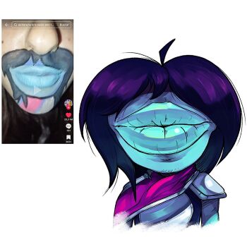 ahoge blue_skin colored_skin emerald_zone_(artist) kris_(dark_world)_(deltarune) kris_(deltarune) lips no_eyes no_nose purple_hair reference_inset short_hair sparse_stubble thick_lips upper_body utdr_(toby_fox) what white_background