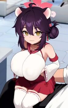 1boy 1girl alternate_breast_size_(larger) animal_ears animated black_hair blue_archive breast_lift breasts choker clothing_cutout collarbone covered_erect_nipples detached_sleeves grabbing_own_breast grimgrim hair_between_eyes hair_bun hair_ornament halo hip_vent huge_breasts indoors japanese_clothes kaede_(blue_archive) looking_at_viewer medium_hair miko nontraditional_miko sailor_collar seiza shortstack sidelocks sitting sitting_on_lap sitting_on_person skirt tagme thighhighs thighs video wide_sleeves yellow_eyes