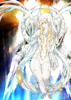 1girl blonde_hair bodysuit breasts closed_mouth commentary_request copyright_name final_fantasy final_fantasy_xiv hyur long_hair long_sleeves medium_breasts navel plunging_neckline puffy_long_sleeves puffy_sleeves ruka_(blueplus84) ryne_waters shiva_(final_fantasy) solo twitter_username veil white_bodysuit yellow_eyes