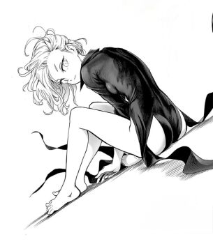 1girl barefoot looking_at_viewer monochrome official_art one-punch_man sitting solo tatsumaki