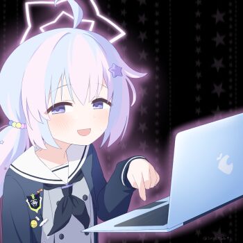 1girl ahoge black_jacket black_neckerchief blue_archive blue_hair commentary_request computer grey_shirt hair_ornament halo highres jacket laptop long_sleeves looking_at_viewer multicolored_hair neckerchief open_mouth pink_hair purple_eyes reisa_(blue_archive) sailor_collar shirt smile solo star_(symbol) star_hair_ornament star_halo susi_tabit two-tone_hair white_sailor_collar