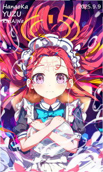 1girl absurdres apron artist_name black_dress blue_archive blue_bow blue_bowtie blush border bow bowtie character_name chinese_commentary closed_mouth collared_dress commentary_request contrast_collar crossed_wrists dated dress floating_clothes floating_hair forehead forehead_writing frilled_apron frills halftone halo heart highres holding holding_plate honeycomb_(pattern) hugging_object kiriaina long_hair looking_at_viewer maid maid_apron maid_headdress official_alternate_costume official_alternate_hairstyle parted_bangs plate power_symbol puffy_short_sleeves puffy_sleeves purple_eyes red_hair short_sleeves solo straight-on tears tic-tac-toe upper_body very_long_hair wavy_mouth white_apron white_headdress yellow_halo yuzu_(blue_archive) yuzu_(maid)_(blue_archive)