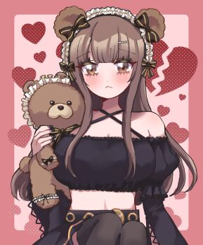 1girl alternate_costume animal_ears bear_ears black_dress brown_eyes brown_hair dress heart highres iino_miko kaguya-sama_wa_kokurasetai_~tensai-tachi_no_renai_zunousen~ long_hair midriff n1ku22a stuffed_animal stuffed_toy teddy_bear thighhighs