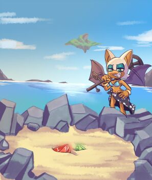 beach bikini buried chaos_emerald floating_island highres karl0 metal_detector rouge_the_bat sand sarong sonic_(series) swimsuit