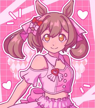 1girl animal_ears bare_shoulders blush bow breasts brown_eyes brown_hair closed_mouth clothing_cutout cropped_shirt crystallizedboo hair_between_eyes hair_bow heart highres horse_ears horse_girl looking_at_viewer medium_hair meni_shuki_rush-sshu! midriff multiple_hair_bows navel pink_bow pink_shirt pink_skirt red_bow shirt shoulder_cutout skirt small_breasts smart_falcon_(umamusume) solo twintails umamusume