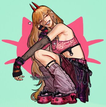 1girl animal_print bare_shoulders blonde_hair cat_print chain chainsaw_man closed_eyes detached_sleeves earrings fingerless_gloves fishnet_sleeves fishnets gloves head_rest heart highres horns jewelry leather_belt leg_warmers long_hair midriff miniskirt multicolored_footwear navel pink_shoes pink_tank_top platform_footwear power power_(chainsaw_man) sharp_teeth shoes skirt smile spikes squatting tank_top teeth umikochannart very_long_hair y2k_fashion