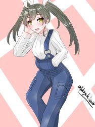Rule 34 | 1girl, alternate costume, blue overalls, coic hakushaku, feet out of frame, grey hair, hair ribbon, hand in pocket, highres, kantai collection, long hair, overalls, pink background, ribbon, solo, sweater, twintails, twitter username, two-tone background, white ribbon, white sweater, yellow eyes, zuikaku (kancolle)