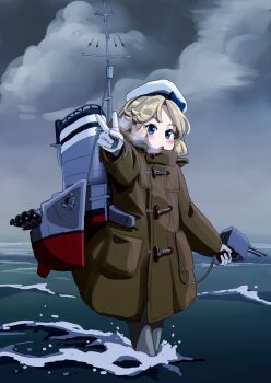 1girl blonde_hair blue_eyes blush brown_coat cloud cloudy_sky coat commentary_request gloves hat highres holding janus_(kancolle) kantai_collection kisei_mt long_sleeves looking_at_viewer open_mouth outdoors rigging sky solo v wading water white_gloves white_hat