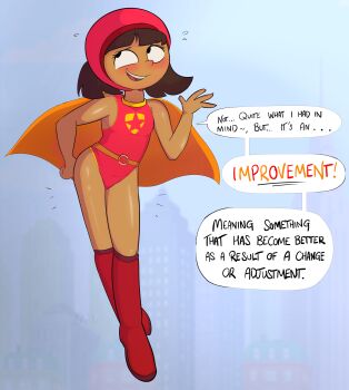 1girl becky_botsford blush boots brown_hair cape clothing_cutout dark-skinned_female dark_skin flat_chest loli medium_hair open_mouth shirt simple_background sleeveless sleeveless_shirt solo thigh_cutout thighs tight_clothes vdk600 wordgirl_(character) wordgirl_(series)