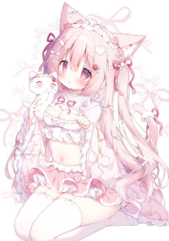 Rule 34 | 1girl, :o, animal, animal ears, artist name, breasts, cat, cat ears, cat girl, cat tail, cleavage, commentary request, food-themed hair ornament, frilled skirt, frilled sleeves, frills, hair ornament, hair ribbon, holding, holding animal, holding cat, long hair, long sleeves, looking at viewer, maid headdress, medium breasts, midriff, momozu komamochi, navel, no shoes, original, parted lips, paw pose, pink hair, pink skirt, purple eyes, red ribbon, ribbon, seiza, sitting, skirt, solo, strawberry hair ornament, tail, thighhighs, two side up, very long hair, white background, white cat, white thighhighs, wide sleeves