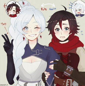 2girls ahoge artist_name black_gloves black_hair blush body_switch braid braided_ponytail breasts character_name cleavage commentary corset earrings elbow_gloves english_commentary fingerless_gloves flying_sweatdrops gloves gogirl_0 grey_eyes grin hair_between_eyes hand_on_another&#039;s_arm highres jewelry long_hair looking_at_viewer multicolored_hair multiple_girls one_eye_closed personality_switch red_hair ruby_rose rwby scar scar_across_eye scar_on_face short_hair simple_background smile sweat tiara twitter_username two-tone_hair v weiss_schnee white_hair