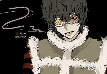 Rule 34 | 1boy, black background, black shirt, cigarette, dated, death note, fur-trimmed vest, fur trim, goggles, hair between eyes, male focus, matt (death note), noko (noko1280), parted lips, red shirt, shirt, short hair, smoke, smoking, solo, striped clothes, striped shirt, twitter username, upper body, vest