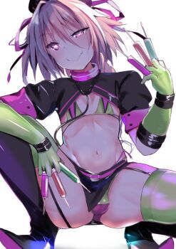 1boy astolfo_(fate) between_fingers bikini boots bulge cosplay fate/apocrypha fate/grand_order fate_(series) florence_nightingale_(fate) florence_nightingale_(trick_or_treatment)_(fate) florence_nightingale_(trick_or_treatment)_(fate)_(cosplay) garter_straps gloves green_bikini green_thighhighs hair_intakes hair_ribbon heart heart-shaped_pupils high_heel_boots high_heels holding looking_at_viewer male_focus miniskirt multicolored_hair official_alternate_costume p_answer pink_eyes pink_hair ribbon short_sleeves shrug_(clothing) skirt solo squatting streaked_hair swimsuit symbol-shaped_pupils syringe thigh_boots thighhighs trap