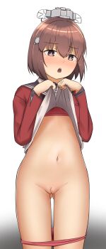 1girl absurdres black_sailor_collar blush bra brown_eyes brown_hair cleft_of_venus clothes_lift collared_dress commentary_request cowboy_shot cropped_jacket dress dress_lift gluteal_fold gradient_background hair_between_eyes hair_ornament haruno_plum highres jacket kantai_collection lifting_own_clothes loli long_sleeves looking_at_viewer medium_hair navel open_mouth panties panty_pull pussy red_bra red_jacket red_panties sailor_collar sidelocks simple_background skirt skirt_lift solo standing stomach tan_yang_(kancolle) teeth thighs underwear upper_teeth_only white_background white_dress yukikaze_(kancolle)