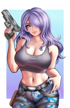1girl absurdres belt breasts camilla_(fire_emblem) camouflage camouflage_pants cleavage commission cosplay crop_top crossover fire_emblem fire_emblem_fates gun hair_over_one_eye highres holding holding_gun holding_weapon jackary lara_croft lara_croft_(cosplay) large_breasts lips midriff navel nintendo pants purple_hair solo tank_top tomb_raider weapon wide_hips