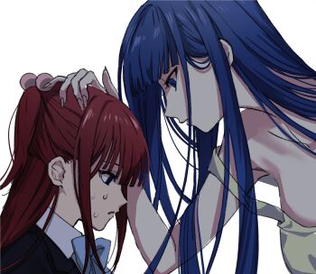 Rule 34 | 2girls, black jacket, blue bow, blue eyes, blue hair, bow, dress, fingernails, furude rika, hair bobbles, hair ornament, highres, higurashi no naku koro ni, jacket, long fingernails, long hair, looking at another, multiple girls, nasu (nasuotabe), red hair, sweat, sweatdrop, twintails, two side up, umineko no naku koro ni, ushiromiya ange, very long hair