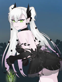 backless_outfit bare_shoulders black_dress breasts demon_horns detached_sleeves dress egg-wardo115 fate/grand_order fate_(series) gradient_hair green_eyes highres horns lantern large_breasts lilith_(celebratory_attire)_(fate) lilith_(fate) long_hair looking_back multicolored_hair pink_hair smile white_hair