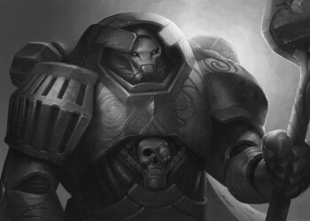 1boy adeptus_astartes armor full_body greyscale hammer highres holding holding_hammer monochrome nikita_kapitunov power_armor shadow solo space_marine terminator_armor war_hammer warhammer_40k weapon