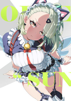 1girl animal_ear_hairband animal_ears bell black_dress breasts cat_ear_hairband cat_ears closed_mouth commentary_request cowboy_shot dress earrings fake_animal_ears frilled_dress frilled_sleeves frills garter_straps green_eyes green_hair grey_background hair_ornament hairband head_tilt heart heart_earrings heart_hair_ornament highres jewelry layered_dress lhofi looking_at_viewer maid maid_headdress medium_breasts neck_bell necktie official_alternate_costume red_bag red_necktie solo sunna_(afternoon_tea_break)_(zenless_zone_zero) sunna_(zenless_zone_zero) two-tone_background white_background white_wings winged_bag wings zenless_zone_zero