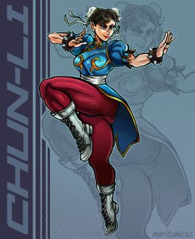 1girl absurdres boots bracelet breasts brown_eyes brown_hair bun_cover capcom chinese_clothes chun-li highres jewelry kicking knee_boots leg_up maticomics64 muscular pantyhose spiked_bracelet spikes street_fighter thick_thighs thighs