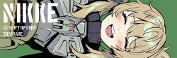 Rule 34 | 1girl, amearare, ammunition, armor, bandolier, blonde hair, blush, closed eyes, commentary request, company name, copyright name, english text, goddess of victory: nikke, green background, jewelry, long hair, necklace, open mouth, pinne (nikke), short ponytail, sidelocks, smile, solo, teeth, twitter username, upper body, upper teeth only