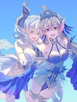 2girls arms_and_wings bare_shoulders blue_background blue_dress breasts cleavage colored_tongue commentary_request cowboy_shot demon_girl demon_horns demon_wings dress duel_monster earrings eyelashes fins grey_eyes grey_hair head_fins horns jewelry kitkallos_(yu-gi-oh!) large_breasts lovely_labrynth_of_the_silver_castle multiple_girls open_mouth pointy_ears purple_eyes purple_tongue rare_lemon slit_pupils smile strapless strapless_dress tearlaments_kitkallos tiara tongue tongue_out transparent_wings white_dress white_wings wings yu-gi-oh! yuri