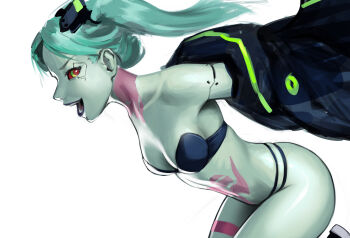 1girl absurdres aqua_hair armpits arms_behind_back artificial_eye artist_request ass bent_over black_bra black_panties bra breasts cleavage coat_partially_removed collarbone colored_sclera colored_skin cyberpunk:_edgerunners cyberpunk_(series) female_focus from_side groin headgear highres leg_tattoo legs lips looking_at_viewer matching_underwear mechanical_arms mechanical_eye midriff navel neck neck_tattoo open_mouth panties parted_bangs pemamendez petite rebecca_(cyberpunk) running shoes sideways_glance simple_background small_breasts sneakers stomach strapless strapless_bra tattoo thighs twintails underwear underwear_only white_background