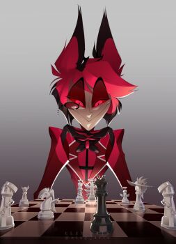 1boy absurdres alastor_(hazbin_hotel) animal_ears black_bow black_bowtie black_hair black_shirt bow bowtie character_request closed_mouth colored_sclera deer_ears eley_arts formal_clothes gradient_background grey_background hands_up hazbin_hotel hellaverse highres interlocked_fingers jacket male_focus monocle red_eyes red_hair red_jacket red_sclera red_shirt shirt short_hair smile solo