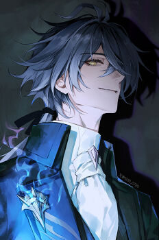 1boy antenna_hair ascot blue_coat blue_hair closed_mouth coat collared_shirt commentary crossed_bangs english_commentary eyelashes flins_(genshin_impact) genshin_impact hair_over_one_eye high_collar lapels looking_at_viewer male_focus np_(1231_0720) one_eye_covered portrait shirt smile solo white_ascot white_shirt