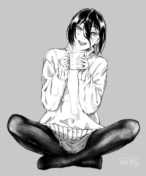 1girl :d black_pantyhose blush chainsaw_man commentary cup eto_384 full_body greyscale hair_between_eyes head_tilt holding holding_cup indian_style looking_at_viewer medium_hair monochrome open_mouth pantyhose reze_(chainsaw_man) short_shorts shorts sitting smile steaming_cup sweater turtleneck turtleneck_sweater wariza