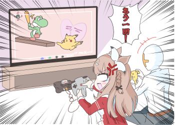 1boy 1girl absurdres almond_eye_(umamusume) anger_vein animal_ears baseball_bat braid braided_sidelocks brown_hair controller emphasis_lines flat_screen_tv game_console game_controller gen_1_pokemon gutei_tei highres holding holding_baseball_bat holding_controller holding_game_controller horse_ears horse_girl jacket long_hair nintendo nintendo_64 nintendo_64_controller pants pikachu playing_video_games pokemon pokemon_(creature) red_jacket red_pants red_track_suit super_smash_bros. t-head_trainer_(umamusume) television tracen_training_uniform track_jacket track_pants track_suit trainer_(umamusume) translated umamusume yoshi