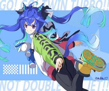 Rule 34 | 1girl, @ @, ahoge, animal ears, black leggings, black nails, blue eyes, blue hair, boots, character name, coat, commentary request, crossed bangs, drawstring, grin, heterochromia, highres, hood, hooded coat, hoodie, horse ears, horse girl, horse tail, isaka cat, leggings, long hair, long sleeves, looking at viewer, multicolored coat, multicolored hair, multicolored hoodie, open mouth, purple eyes, sharp teeth, smile, solo, stuffed animal, stuffed rabbit, stuffed toy, tail, teeth, twin turbo (blast mode! turbo engine) (umamusume), twin turbo (umamusume), twintails, umamusume, yellow boots