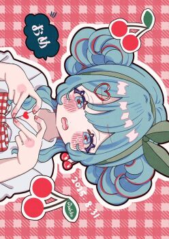 1girl aqua_eyes blue_eyes blue_hair blush bow bowtie cherry cherry_hair_ornament cherry_pop_(vocaloid) collared_shirt double_bun food food-themed_hair_ornament fruit green_hairband hair_bun hair_ornament hairband hatsune_miku heart heart_hair_ornament heart_hands highres looking_at_viewer multicolored_hair open_mouth pink_nails plaid_background plaid_bow plaid_bowtie plaid_clothes plaid_ribbon red_bow red_bowtie red_nails ribbon shirt sideways solo speech_bubble streaked_hair upper_body usahiko_noe vocaloid white_shirt