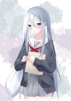 1girl absurdres black_cardigan blue_eyes blue_hair blush cardigan closed_mouth collarbone cowboy_shot dot_nose double-parted_bangs grey_serafuku grey_shirt grey_skirt hair_between_eyes highres holding holding_notebook holding_paper jacket long_hair long_sleeves looking_at_viewer miyamasuzaka_girls&#039;_academy_school_uniform neckerchief notebook open_cardigan open_clothes paper pleated_skirt project_sekai puffy_long_sleeves puffy_sleeves rain_re_a red_neckerchief sailor_collar school_uniform serafuku shirt skirt solo straight_hair sweatdrop very_long_hair white_sailor_collar yoisaki_kanade