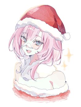 1girl bare_shoulders blue_eyes breasts commentary_request cropped_torso cyrene_(honkai:_star_rail) cyrene_(philia093)_(honkai:_star_rail) dress fake_facial_hair fake_mustache hat highres honkai:_star_rail honkai_(series) looking_at_viewer medium_breasts mtrk_09 multicolored_hair pink_hair red_dress red_hat santa_costume santa_dress santa_hat short_hair smile solo two-tone_hair white_hair
