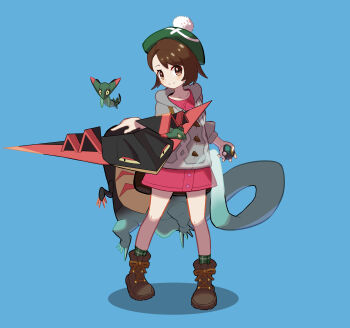 1girl absurdres blue_background bob_cut boots brown_eyes brown_footwear brown_hair buttons cable_knit cardigan collared_dress commentary_request dragapult dreepy dress gen_8_pokemon gloria_(pokemon) green_headwear green_socks grey_cardigan hat highres holding holding_poke_ball hood hooded_cardigan moon_ball nintendo pink_dress plaid_clothes plaid_socks poke_ball pokemon pokemon_(creature) pokemon_swsh rubyhoenn short_hair socks standing tam_o&#039;_shanter