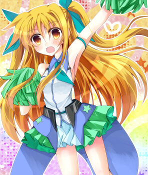 Rule 34 | 1girl, alicia testarossa, arm up, armpits, bare shoulders, blonde hair, blush, female focus, heart, long hair, lyrical nanoha, mahou shoujo lyrical nanoha innocent, mameguri, open mouth, orange eyes, pom pom (cheerleading), skirt, solo, two side up