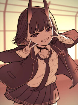 1girl choker double_v fate/grand_order fate_(series) flat_chest horns monochrome necktie oni pleated_skirt rooftop school_uniform sepia short_hair shuten_douji_(fate) skirt smile solo teeth ttmt twilight v
