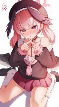 1girl absurdres anger_vein black_shoes black_wings blue_archive bra_strap chijiandeyusang commentary_request crossed_fingers halo head_wings heart heart-shaped_pupils highres kneehighs koharu_(blue_archive) long_sleeves looking_at_viewer pink_eyes pink_hair pink_halo pink_skirt pleated_skirt shadow shoes simple_background single_bare_shoulder sitting skirt socks solo symbol-shaped_pupils twintails wariza white_background white_socks wings